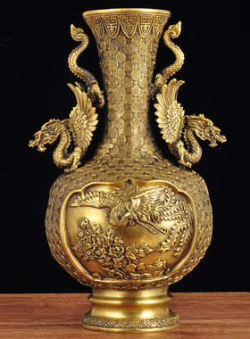 全铜花瓶摆件家居客厅中式龙凤花器婚房装饰O工艺品送闺蜜结婚礼