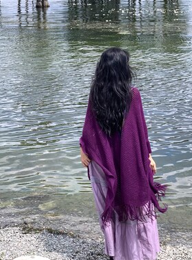【紫萱】民族风流苏镂空开u衩披肩女外搭紫色百搭旅游拍照披肩斗