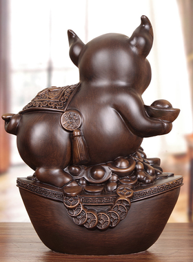 实木招财生肖猪摆件客厅玄关博古架办公室中N式装饰福猪手工艺礼