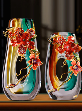 珐瑯彩琉璃花瓶高级n感客厅插花水晶玻璃玄关摆件家居装饰品新中