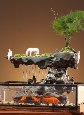 创意陶瓷缸客厅j办公禅意桌面流水摆件小型家用循环招财养鱼盆