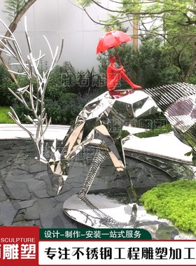 不锈钢镜面鹿雕塑定制售楼部户外E水景装饰锻造动物大角麋鹿摆件