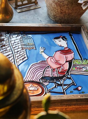 佳女子陶瓷果盘茶盘实木托盘客厅桌面摆件家居装饰品.中国风礼物