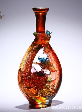 琉璃艺术品牡丹花瓶摆件客厅玄关中式摆设乔迁新居礼物高档送朋友