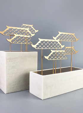 新中式创意砂岩铁艺塔院屋顶摆件样板J间书房办公室酒柜装饰品