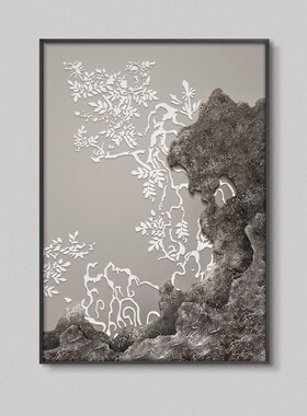 客厅玄关a装饰画新中式太湖石大堂软装馆挂画样板间肌理浮雕实物