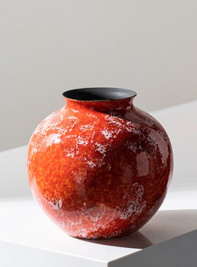 侘寂风窑变雪红h霁红釉陶瓷花瓶插花器中古客厅样板间软装饰品摆