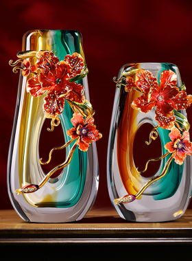 珐瑯彩琉璃花瓶高级感客s厅插花水晶玻璃玄关摆件家居装饰品新中