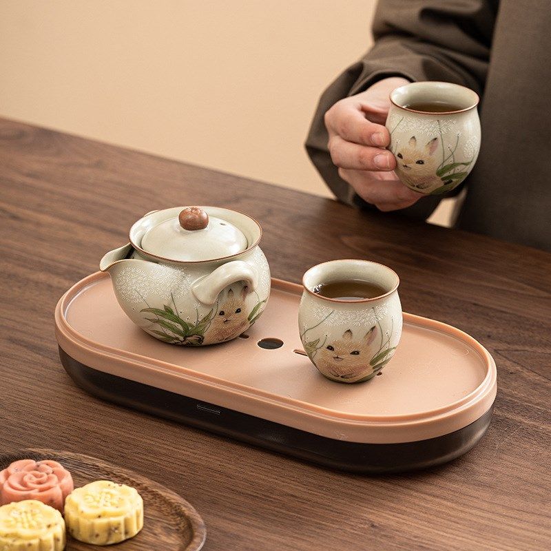 厂家萌兔汝窑手抓壶旅行茶具套装一壶二杯陶瓷便携式户外露营泡茶,淘宝优惠券,粉丝福利购,淘宝优惠卷