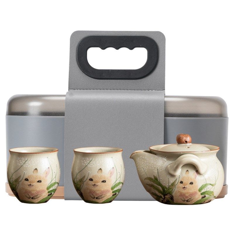 厂家萌兔汝窑手抓壶旅行茶具套装一壶二杯陶瓷便携式户外露营泡茶,淘宝优惠券,粉丝福利购,淘宝优惠卷