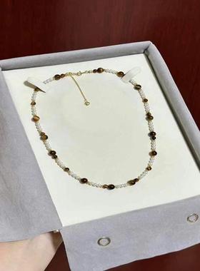 美拉德风虎眼石珍珠锁骨链