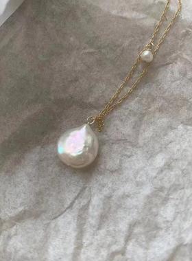 天然淡水珍珠巴洛克纽扣珍珠吊坠s925银项链小众气质简约百搭时尚