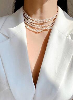 法式淡水珍珠多层毛衣链