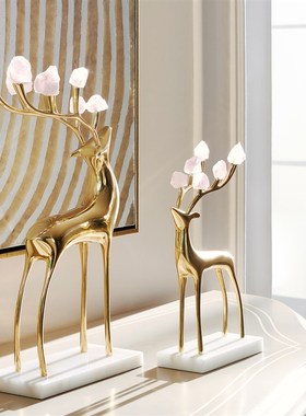 me_招财鹿摆件一对纯铜水晶大号客厅L玄关高档轻奢装饰工艺品