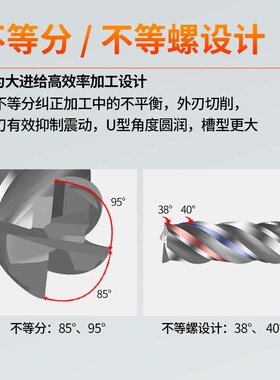 60度U型槽钨钢铣刀加长数控cnc四4刃立铣刀不锈钢粗精一体动态铣