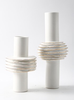 简约黑白金花边叠层陶瓷创意z花器花瓶摆件样板间酒店客厅装饰