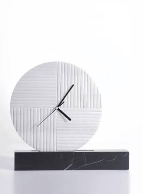 现代简约白色雕刻几软何方圆钟大理石BJ01038客厅餐厅书房摆样板