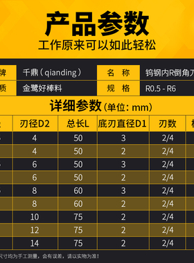 整体钨钢内R刀两刃涂层立铣刀硬质合金加工中心反圆弧倒角R0.5-R6