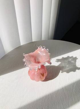 中古玻璃花瓶温柔水滴顿雾1粉洒芬金肌理小众复工琉璃花古手器插