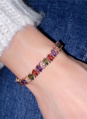 欧美风格款新款时尚潮人跨境 配饰叶子铜锆石手女士创意款手环