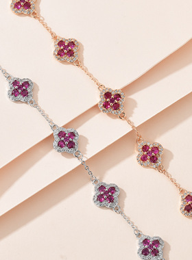 欧美彩宝五瓣四叶草紫锆石花朵小众百搭精致设计感手链女