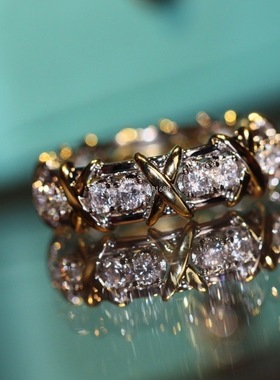 T家经典款分色16钻石交叉戒指简约个性风潮奢华大气厂家直销