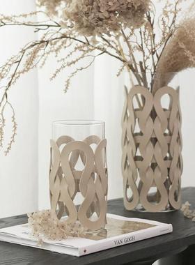 现代轻奢质编织纹直玻筒璃皮花瓶客厅餐XSO厅桌装饰花器面软装饰