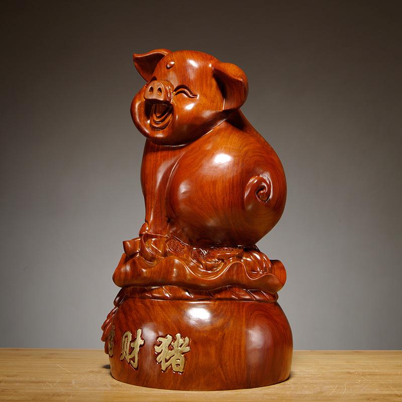 花梨木可爱笑脸猪雕刻十二生肖摆件家居件客厅电视柜装饰开业送礼 - 图1