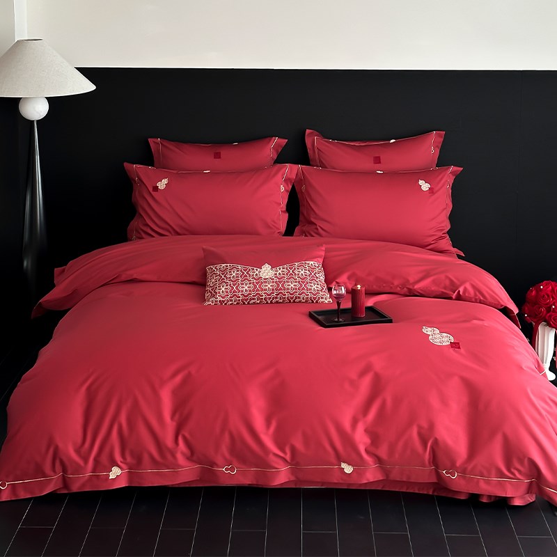 新年福禄锦鲤红婚庆四件套全棉100支刺绣结婚被套床单1.8床上用品 - 图3