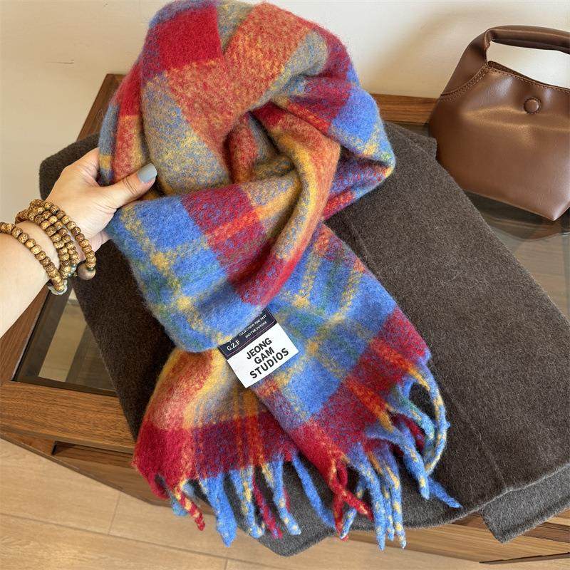 2026新款保暖新品显白红蓝色加长格子羊毛围巾女保暖围脖百搭披肩,淘宝优惠券,粉丝福利购,淘宝优惠卷