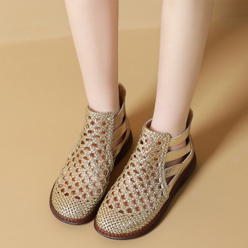 春夏季真皮镂空短靴舒适软底休闲肥胖脚妈妈鞋平底凉鞋洞洞款女鞋,淘宝优惠券,粉丝福利购,淘宝优惠卷