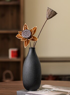 新中式黑色花瓶摆件客厅插花高级感桌面茶几复古干花花束玄关摆设