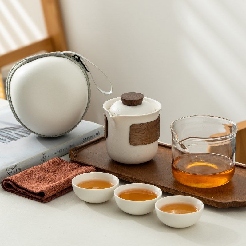 Ceramic travel tea set, one pot, three cups and four cups, glass male cup, outdoor portable bag, Kung Fu tea set, customized