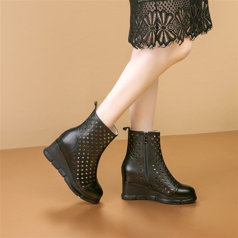 8.5cm内增高真皮女短靴圆头夏季洞洞凉靴高跟坡跟厚底春秋马丁靴,淘宝优惠券,粉丝福利购,淘宝优惠卷