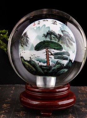 内画水晶球摆件牡丹花八骏图迎客松富贵鱼花开富贵工艺品中式家居