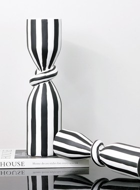 简约现代黑白条纹扭绳花器创意装饰花器客厅餐桌玄关样板间