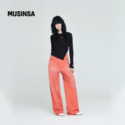 INSTANTFUNK韩国女士25秋镂空绑带侧开叉斜摆修身针织衫MUSINSA - 图0