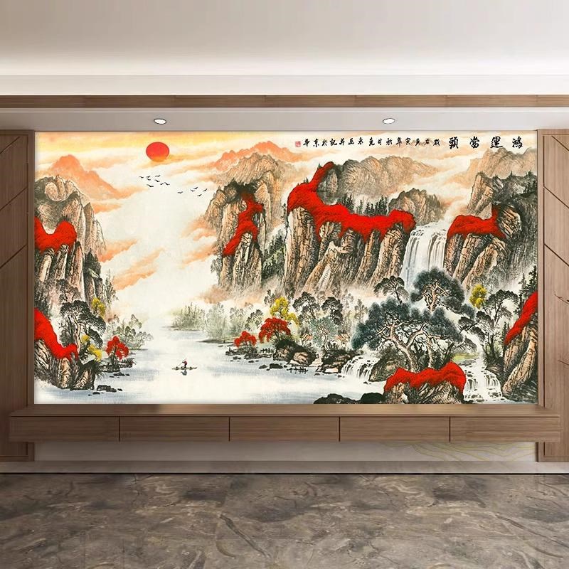 定制中式客厅电视背景墙壁布8d立体凹凸壁画山水影视墙布2Z025新 - 图1
