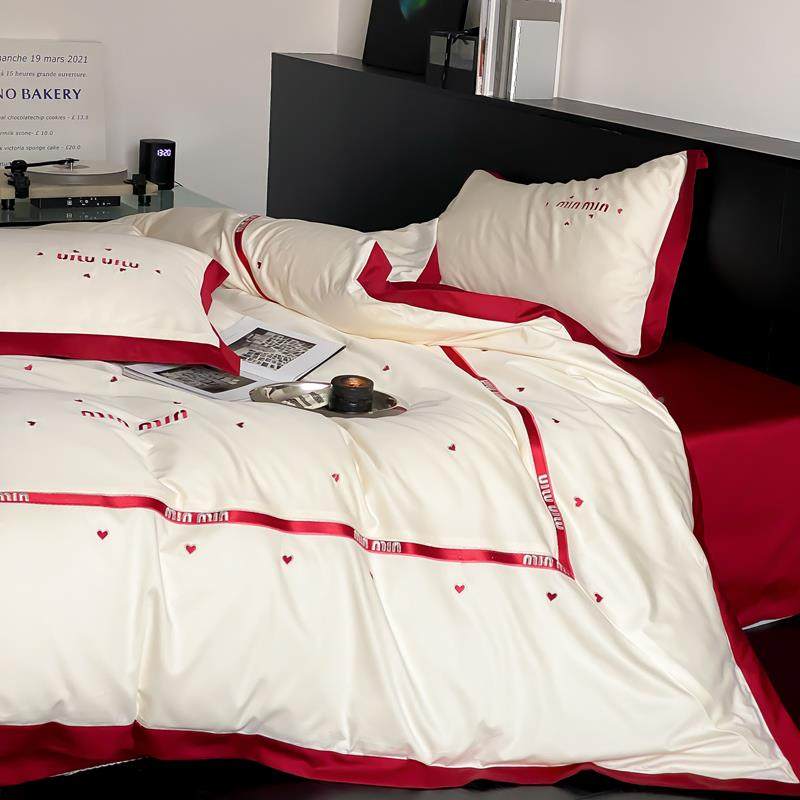 轻奢风爱心刺绣10支长绒棉件套全DKF棉磨毛四季通0用床四单被套床 - 图1