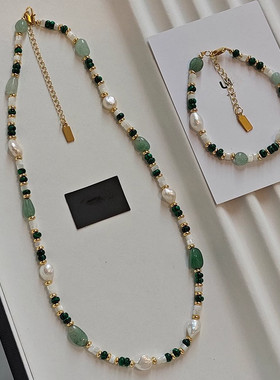 绿东陵多巴胺淡水珍珠项链夏季气质网红绿色孔雀玛瑙串珠锁骨颈链