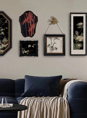 《山鸟竹趣》法式轻奢p黑色竹韵花鸟装饰画客厅沙发背景墙挂画组