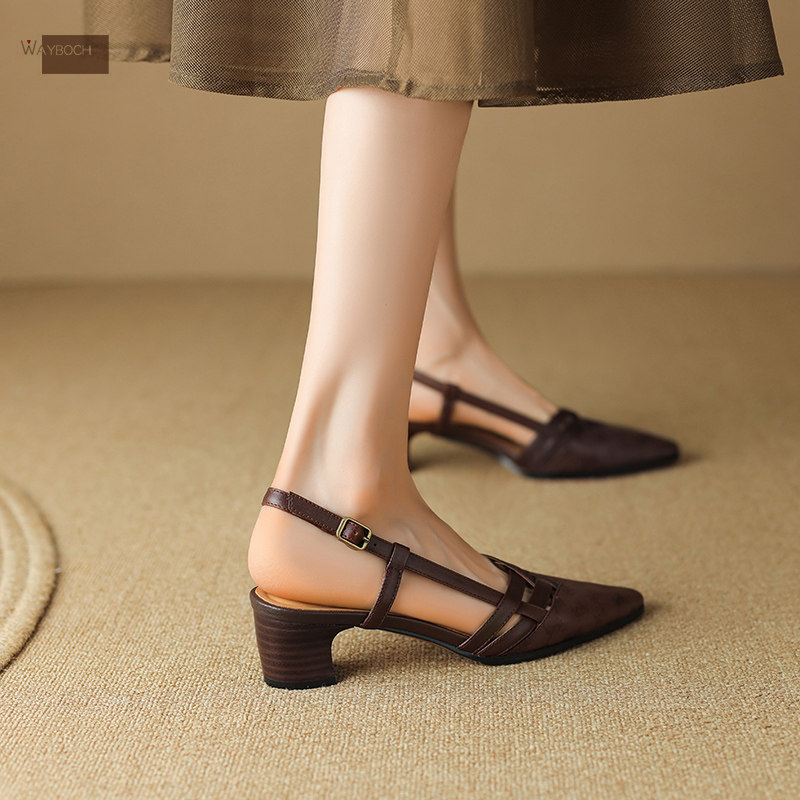 软羊皮真皮小尖头包头凉鞋粗跟中跟时装凉鞋夏季女士小猫跟复古风,淘宝优惠券,粉丝福利购,淘宝优惠卷