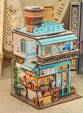 海角咖啡馆拼装感应收纳屋手工DIY迷你街景同趣3D模型装饰摆饰