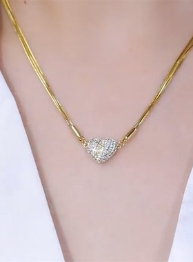 新款爱心满钻磁吸项链女时尚气质小众个性设计感吸铁石心形锁骨链