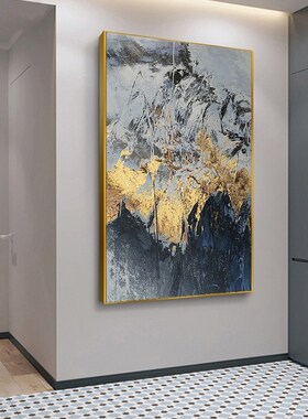 手绘油画金箔沧澜山脉玄关背景墙装饰画现L代抽象轻奢客厅入户挂