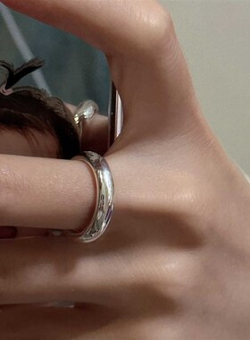 素圈纯银戒指男女小众设计时尚个性食指戒粗圈2024年新款指环对戒