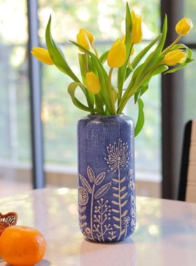 青花瓷花瓶陶瓷复古花瓶蔚蓝之境插花装饰摆件手绘浮雕花瓶花器