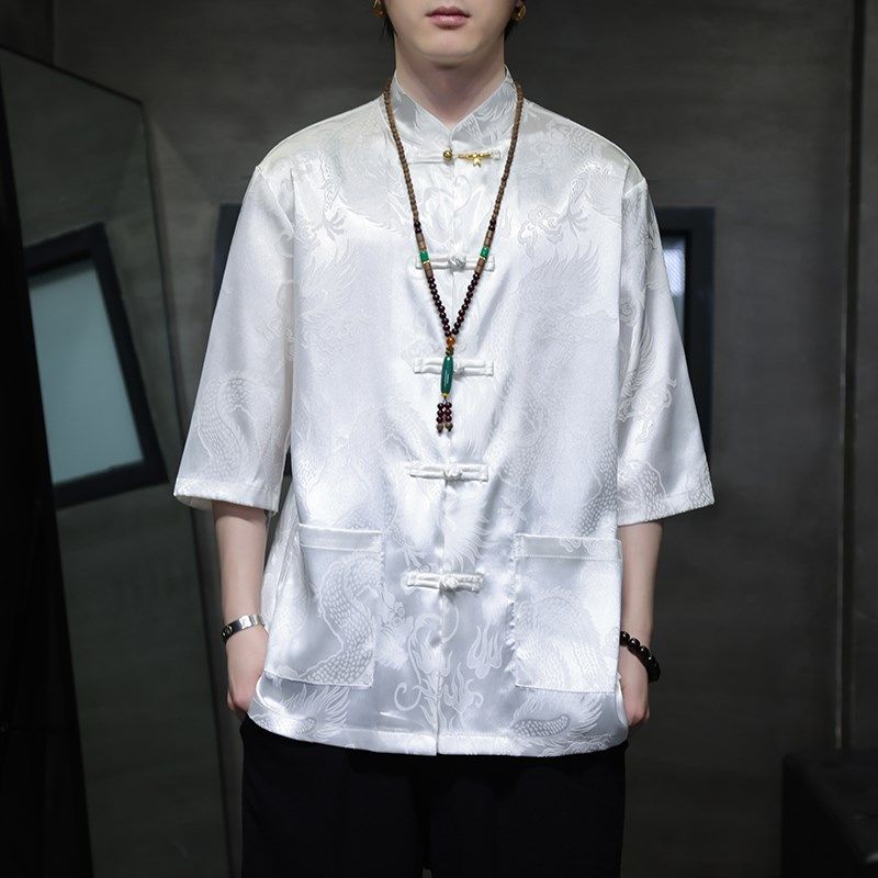 冰丝唐装男中国风夏季龙纹印花短袖衬衫新中式宽松大码五分袖衬衣,淘宝优惠券,粉丝福利购,淘宝优惠卷