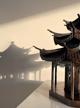 新中式木质仿古风古铜色古建筑模型拼装榫卯结构摆件亭子重檐亭