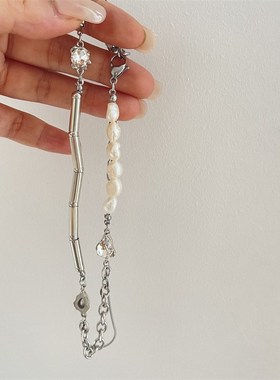 设计拼接淡水珍珠项链时尚个性高级感镶钻锁骨链简约气质百搭颈链